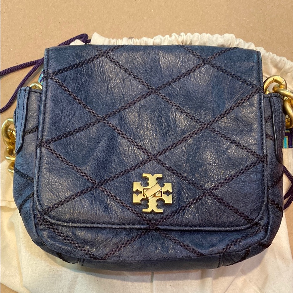 Tory Burch Quilted Blue and Gold Crossbody Bag